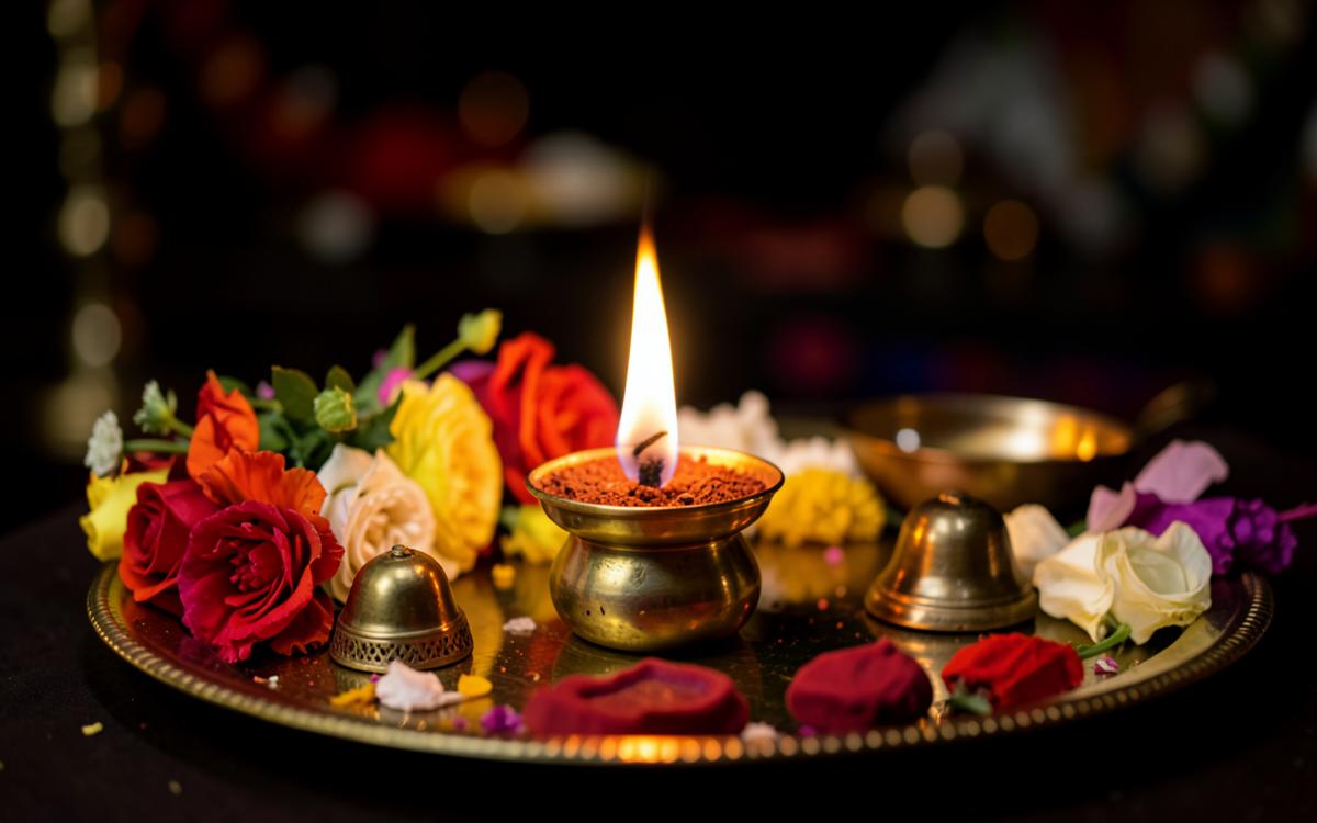 A brass pooja thali with a burning karpooram flame, flowers, bells and puja items